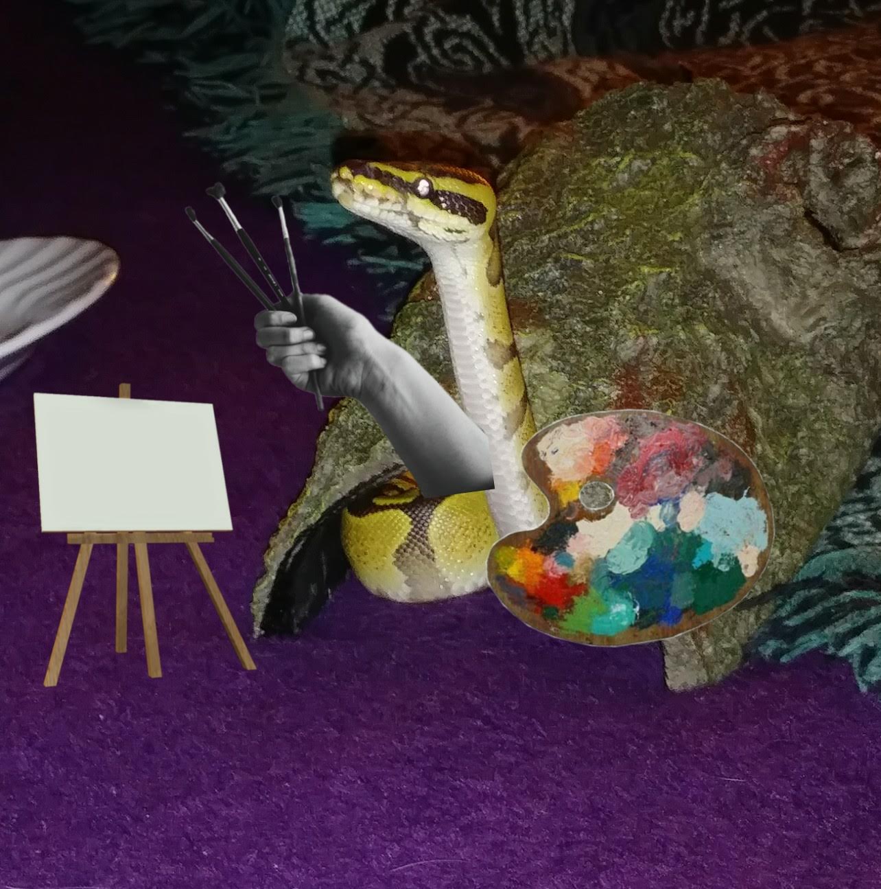 A ball python with a photoshopped arm holding paintbrushes, there's a paint pallette on his coil, and an easel in front of him. He's coming out from a log hide.